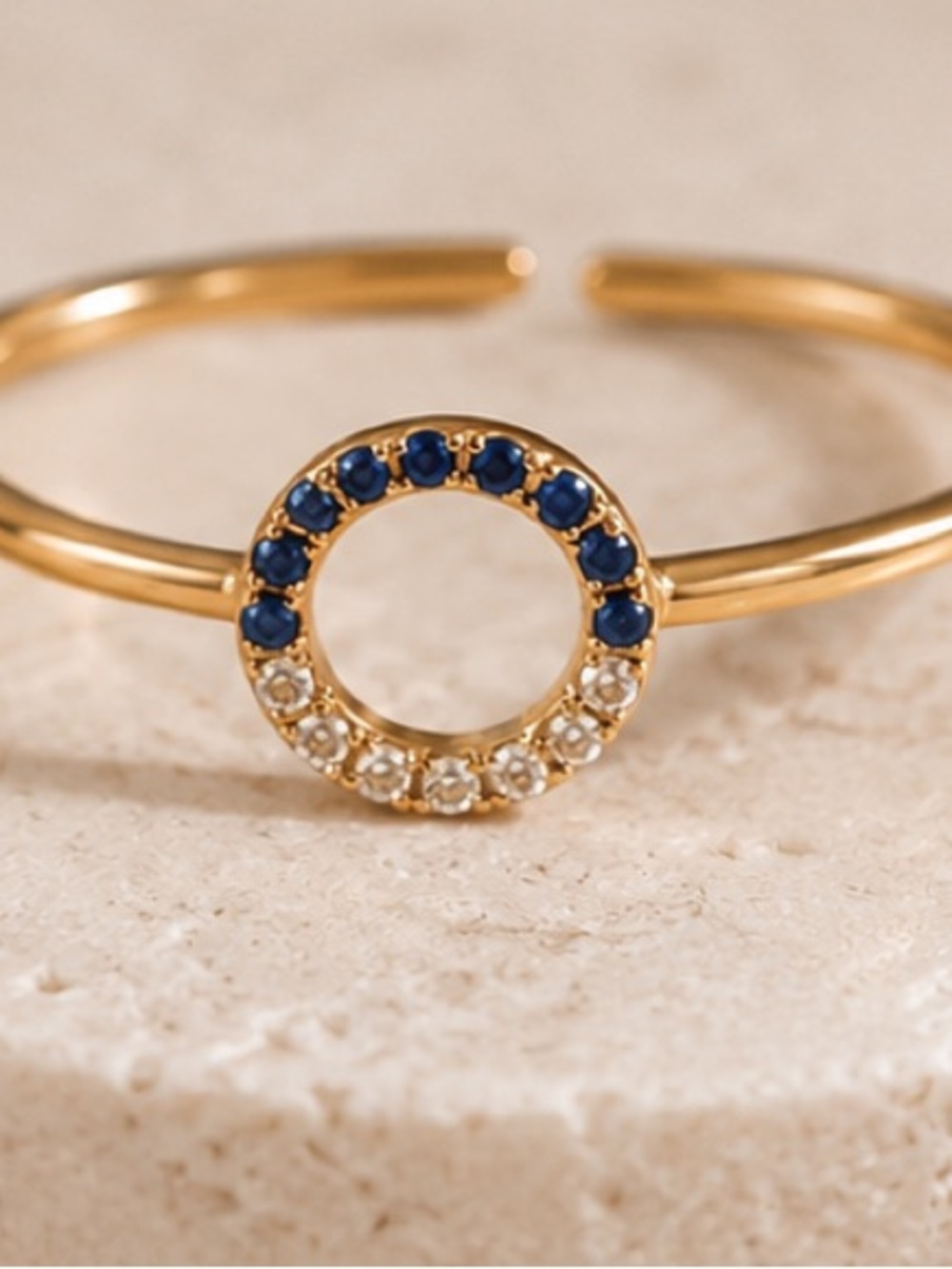 Gold Sapphire Halo Circle Ring Minimalist Stackable